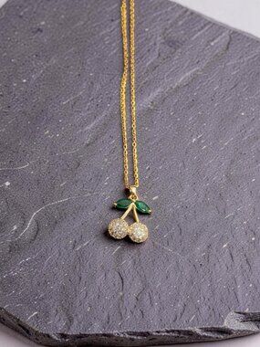 Golden Rhinestone Cherries Necklace~ 18  inches long